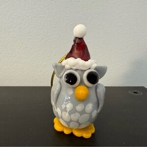 Owl with Santa Hat. Handblown Glass Ornament figurine. grey, white, red, orange